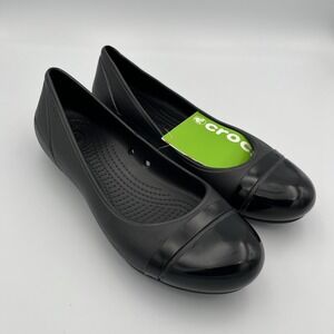 Crocs Ballet Flats Womens 8 Black Casual Shiny Cap Toe Slip On Shoes Comfort NEW